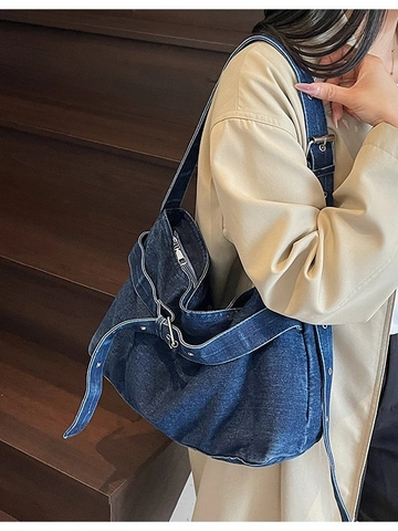 Retro Denim Große Kapazität Tote Bag Für Damen Gewaschene Cowboy Schultertasche Mit Breitem Gurt Metallschnallen Casual Tasche