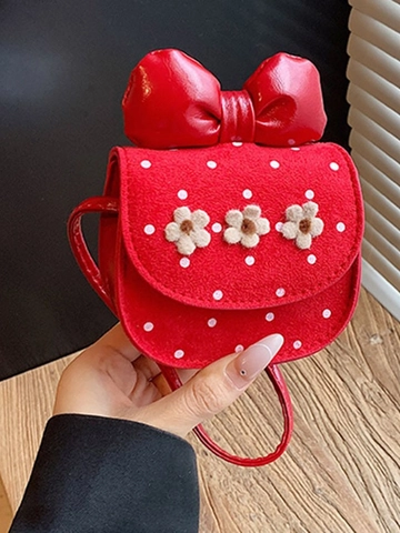 Cute Kids Mini Bow Crossbody Bag Vintage Frosted PU Polka Dot Purse With Three Flower Decorations Little Girls Coin Pouch
