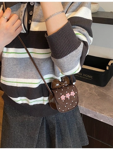Cute Kids Mini Bow Crossbody Bag Vintage Frosted PU Polka Dot Purse With Three Flower Decorations Little Girls Coin Pouch