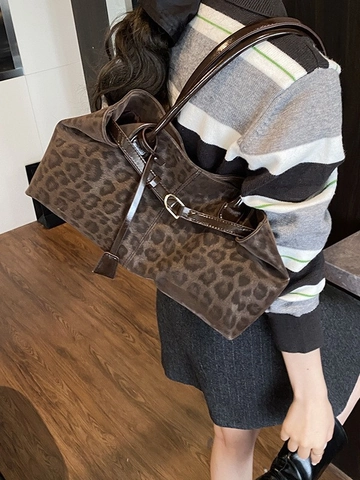 Vintage Leopard Print Large Capacity Tote Bag Fashion PU Leather Underarm Shoulder Bag For Women Daily Commuting Handbag