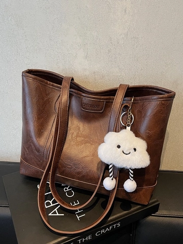 Vintage PU Leather Tote Bag For Women Large Capacity Shoulder Bag With Cute Cloud Charm Fashion Commuting Shopping Handbag