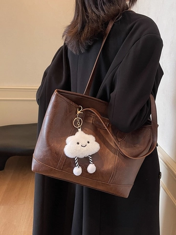 Vintage PU Leather Tote Bag For Women Large Capacity Shoulder Bag With Cute Cloud Charm Fashion Commuting Shopping Handbag