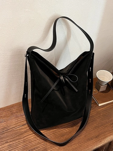 Damen Große Beuteltasche PU Leder Mattierte Wildleder Textur Schulter Umhängetasche Minimalistisch Schleife Pendler Tote Bag
