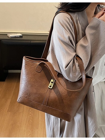 Vintage Große Kapazität PU Leder Tragetasche Mode Lässige Schultertasche Für Damen Retro Commuter Handtasche Mit Metallschnalle