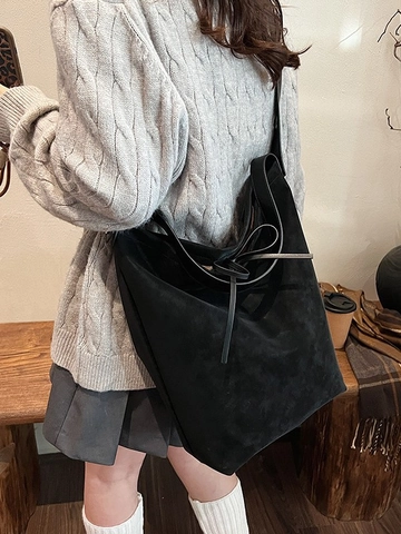 Damen Große Beuteltasche PU Leder Mattierte Wildleder Textur Schulter Umhängetasche Minimalistisch Schleife Pendler Tote Bag