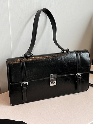 Bolso de Cuero PU Vintage Bajo el Brazo para Mujer Gran Capacidad Bolso de Hombro Minimalista Color Sólido Bolso de Mano Informal con Cierre de Metal