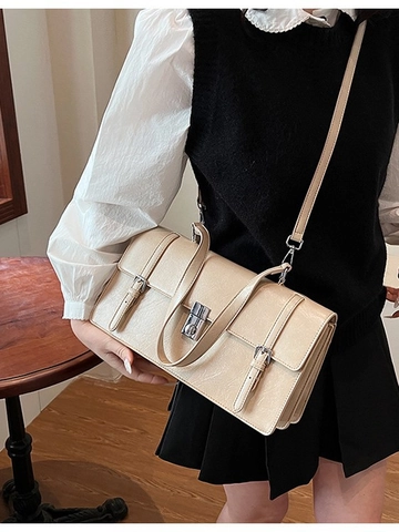 Bolso de Cuero PU Vintage Bajo el Brazo para Mujer Gran Capacidad Bolso de Hombro Minimalista Color Sólido Bolso de Mano Informal con Cierre de Metal