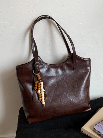 Retro Large Capacity PU Leather Tote Bag For Women Vintage Shoulder Bag With Wood Bead Pendant Commuter Fashion Handbag