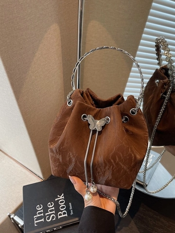 Damen Falten PU Leder Eimertasche Kleine Kordelzug Handtasche Mit Metall Rundgriff Kette Umhängetasche Perle Schmetterling Dekor