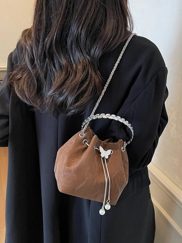 Damen Falten PU Leder Eimertasche Kleine Kordelzug Handtasche Mit Metall Rundgriff Kette Umhängetasche Perle Schmetterling Dekor