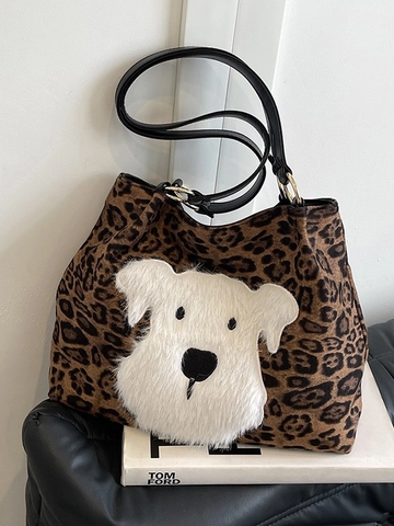 Dames Luipaardprint Tote Bag Grote Capaciteit Stof Polyester Schoudertas Met Pluche Hond Patch Casual Mode Handtas