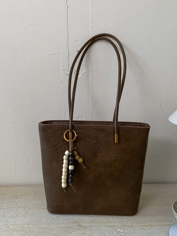 Bolso Tote de Cuero PU para Mujer Retro de Gran Capacidad Bolso de Hombro Minimalista con Amuleto de Cuentas