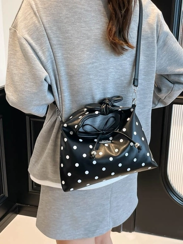 Vintage Polka Dot Dumpling Bag For Women PU Leather Knotted Handle Crossbody Bag With Bow Knot Large Capacity Handbag