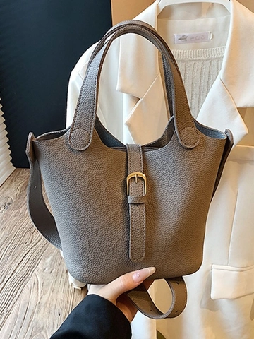 Mode Femme Sac Seau en PU à Grain de Litchi Grande Capacité avec Boucle Magnétique Sac à Main Bandoulière Réglable Quotidien