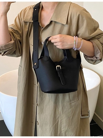 Mode Femme Sac Seau en PU à Grain de Litchi Grande Capacité avec Boucle Magnétique Sac à Main Bandoulière Réglable Quotidien