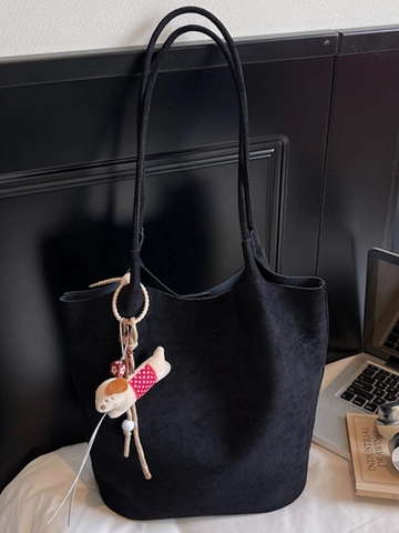 Grote Capaciteit Dames PU Tote Bag Met Pluchen Hond Hanger Retro Commuter Schoudertas Onderarmtas Effen Kleur Shopping