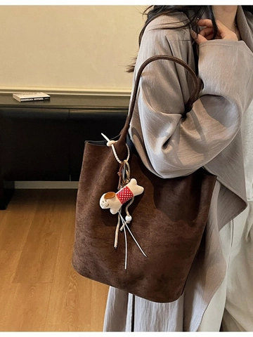 Grote Capaciteit Dames PU Tote Bag Met Pluchen Hond Hanger Retro Commuter Schoudertas Onderarmtas Effen Kleur Shopping