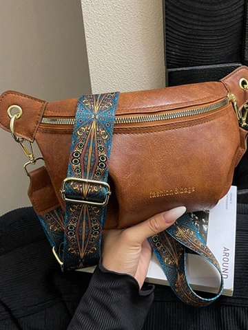 Borsa a Tracolla Vintage in Pelle PU Donna Bohémien Etnica Tracolla Larga Borsa da Petto Moda Stampa Lettere Cerniera Borsa a Spalla