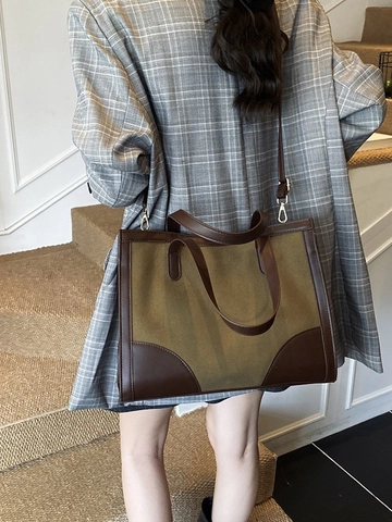 Bolso Tote de Gran Capacidad para Mujer Color de Contraste PU Patchwork Bolso de Hombro Casual de Bandolera para Diario