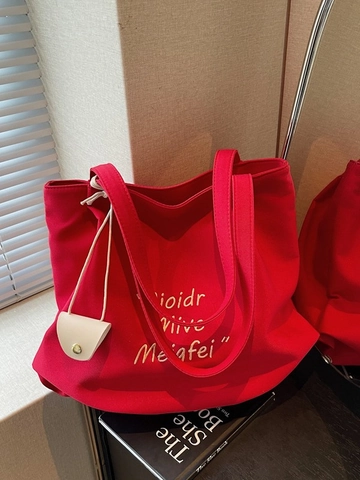 Damen Koreanischer Stil Große Kapazität Segeltuch Tragetasche Mit Buchstabenstickerei Und Mini-Dekotasche Schultertasche