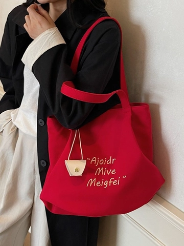 Damen Koreanischer Stil Große Kapazität Segeltuch Tragetasche Mit Buchstabenstickerei Und Mini-Dekotasche Schultertasche