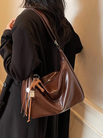 Large Capacity Pleated PU Leather Hobo Bag Vintage Soft Shoulder Crossbody Bag For Women Casual Commuter Solid Color Satchel
