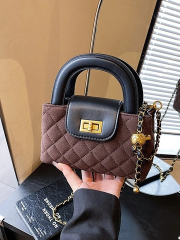 Borsa a Tracolla Vintage Trapuntata a Rombi con Catena per Donna in Pelle Scamosciata PU Piccola Borsa a Mano Quadrata