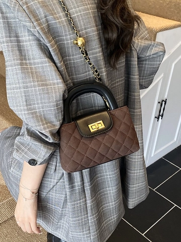 Borsa a Tracolla Vintage Trapuntata a Rombi con Catena per Donna in Pelle Scamosciata PU Piccola Borsa a Mano Quadrata