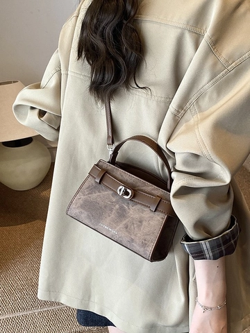 Damen Retro PU Leder Beuteltasche Kontrastnähte Metallschloss Griff Crossbody Umhängetasche Kleine Nische Mode Handtasche