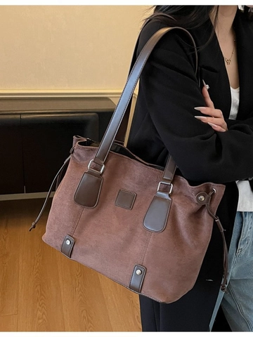Sac Cabas Vintage Grande Capacité pour Femmes Sac à Bandoulière en Cuir PU Rétro Sac à Main Décontracté avec Cordon de Serrage