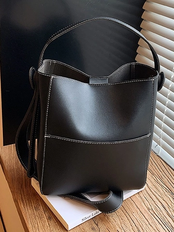 Vintage PU Leather Bucket Bag For Women Contrast Stitching Large Capacity Underarm Shoulder Crossbody Bag Fashion Purse