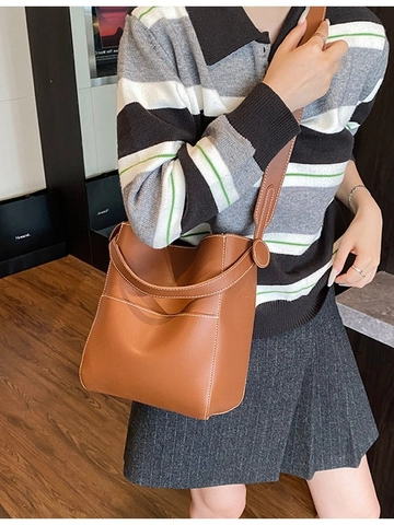 Vintage PU Leather Bucket Bag For Women Contrast Stitching Large Capacity Underarm Shoulder Crossbody Bag Fashion Purse