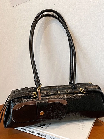 Women's Retro PU Leather Baguette Bag Large Capacity Glossy Crinkled Shoulder Underarm Bag With Detachable Mini Pouch For Casual Commuting