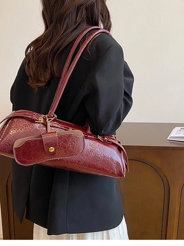 Women's Retro PU Leather Baguette Bag Large Capacity Glossy Crinkled Shoulder Underarm Bag With Detachable Mini Pouch For Casual Commuting
