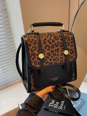 Mochila Pequeña para Mujer con Estampado de Leopardo y Empalme de Cuero PU Bolso Escolar de Moda Estilo Universitario