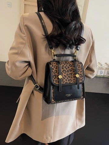 Mochila Pequeña para Mujer con Estampado de Leopardo y Empalme de Cuero PU Bolso Escolar de Moda Estilo Universitario