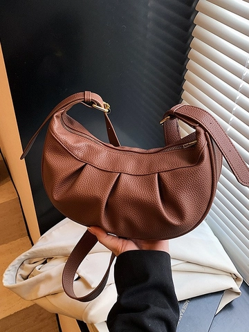 Vintage PU Leder Kieseltextur Plissee Halbmond Hobo Tasche Für Damen Casual Pendeln Reißverschluss Umhängetasche Handtasche