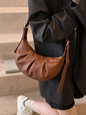 Vintage PU Leder Kieseltextur Plissee Halbmond Hobo Tasche Für Damen Casual Pendeln Reißverschluss Umhängetasche Handtasche
