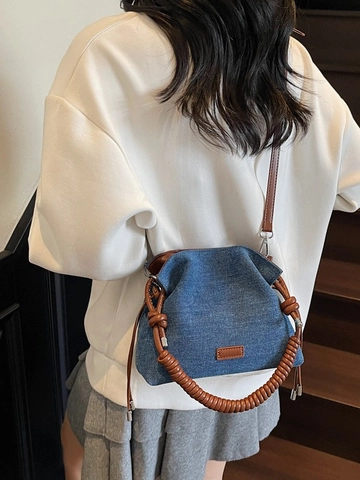 Bolso de Cubo de Denim para Mujer Con Asa en Espiral Torsada Bolso de Hombro de Tela Denim Retro Bolso de Mano Casual Moda
