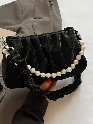 Women Ruched Cloud Bag Fashion Artificial Pearl Chain Shoulder Bag PU Leather Crossbody Handbag For Daily Party Use