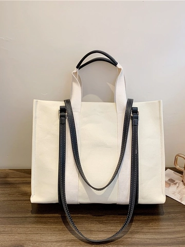Korean Style Vintage Large Capacity Canvas Tote Bag For Women Student Contrast Strap Shoulder Crossbody Shopping Handbag