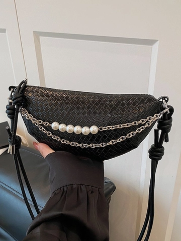 Bolso Bandolera Dumpling de Cuero PU Trenzado Mujer Decoración Cadena Metal Perlas Artificiales Bolso Media Luna