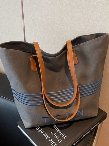 Large Capacity Canvas Tote Bag For Women Striped Embroidered Shoulder Bag Retro Casual Fashion Shopping Bag Commuter Handbag