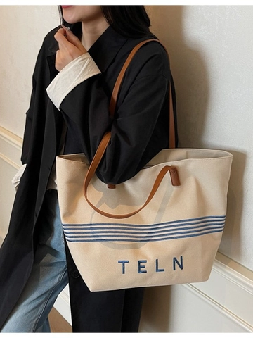 Large Capacity Canvas Tote Bag For Women Striped Embroidered Shoulder Bag Retro Casual Fashion Shopping Bag Commuter Handbag