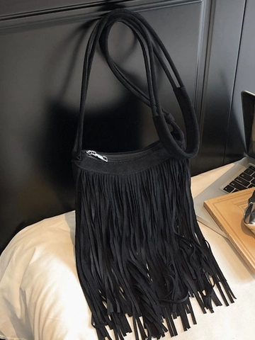 Women PU Leather Fringe Tassel Bucket Bag Bohemian Retro Crossbody Shoulder Bag For Daily Travel Fashion Handbag Gift