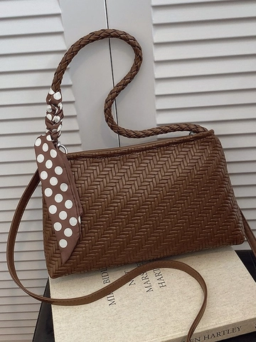 Damen Gewebte Unterarm Schultertasche Luxus PU Leder Umhängetasche Mit Satin Polka Dot Schal Vintage Commute Bucket Bag