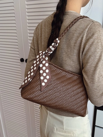 Damen Gewebte Unterarm Schultertasche Luxus PU Leder Umhängetasche Mit Satin Polka Dot Schal Vintage Commute Bucket Bag