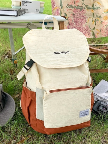Grand Sac à Dos en Nylon Léger Bloc de Couleur pour Femmes Sports de Plein Air Randonnée Voyage Sac à Dos avec Rabat