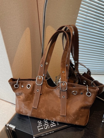 Vintage PU Leder Unterarmtasche Für Damen Große Kapazität Tragetasche Mit Metallösen Verstellbarer Riemen Modische Schultertasche