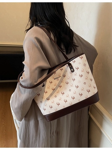 Große Kapazität PU Leder Hirsch Druck Tote Bag Für Damen Koreanischen Stil Pendeln Schultertasche Retro Mode Achsel Tasche